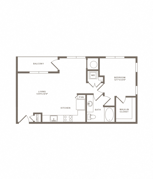 Floor plan for 1 bed, 1 bath, 802 sqft